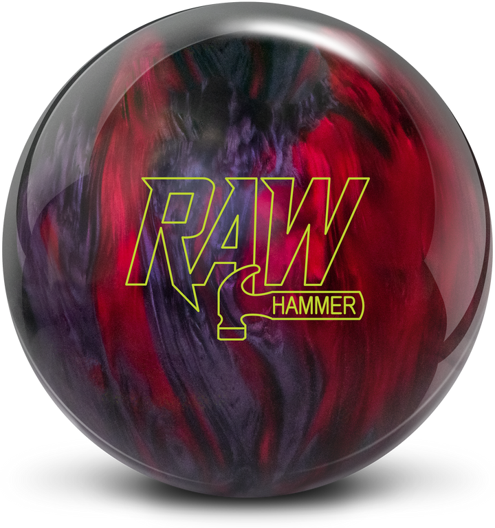 A red, smoke grey, and black colored bowling ball with the Raw Hammer logo in yellow-green.