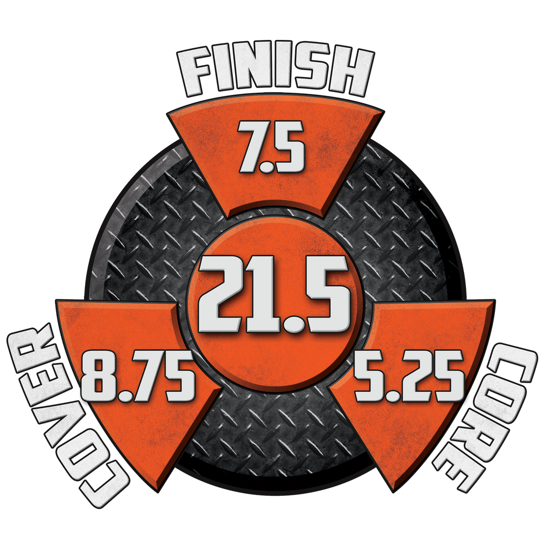 Raw Hammer red, smoke, and black performance graphic with a 7.5 finish, a 5.25 core, an 8.75 cover and a cumulative score of 21.5.