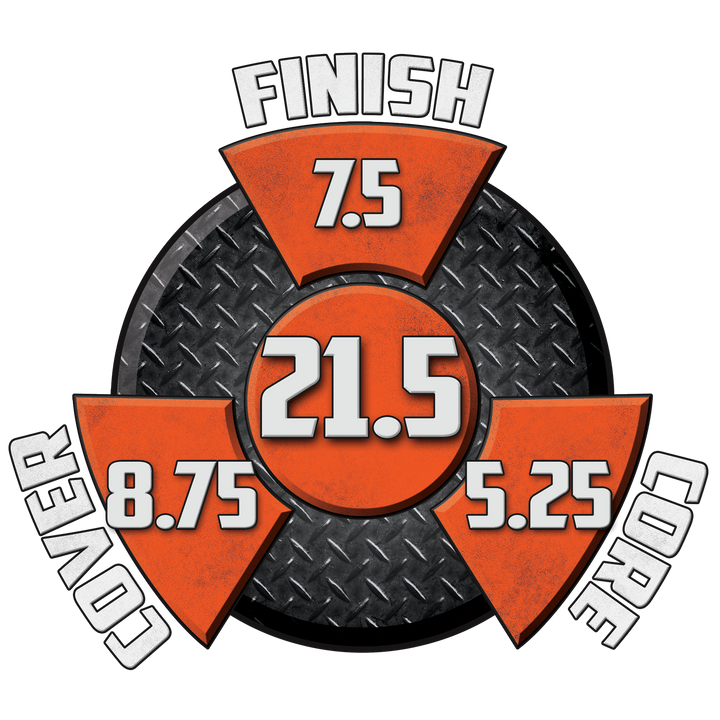 Raw Hammer red, smoke, and black performance graphic with a 7.5 finish, a 5.25 core, an 8.75 cover and a cumulative score of 21.5.