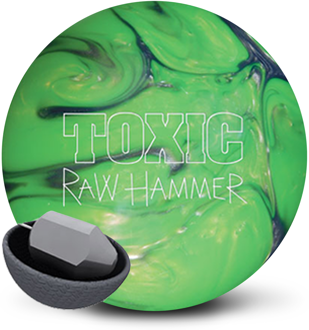 A green and silver colored bowling ball with the Raw Hammer Toxic logo in white centered prominently. Also with a small image of the Raw Hammer core in the lower left-hand corner.