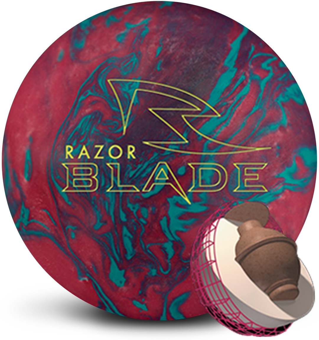 A red and teal colored bowling ball with the Razor Blade logo in bright yellow centered prominently. Also with a small core image in the lower right-hand corner.