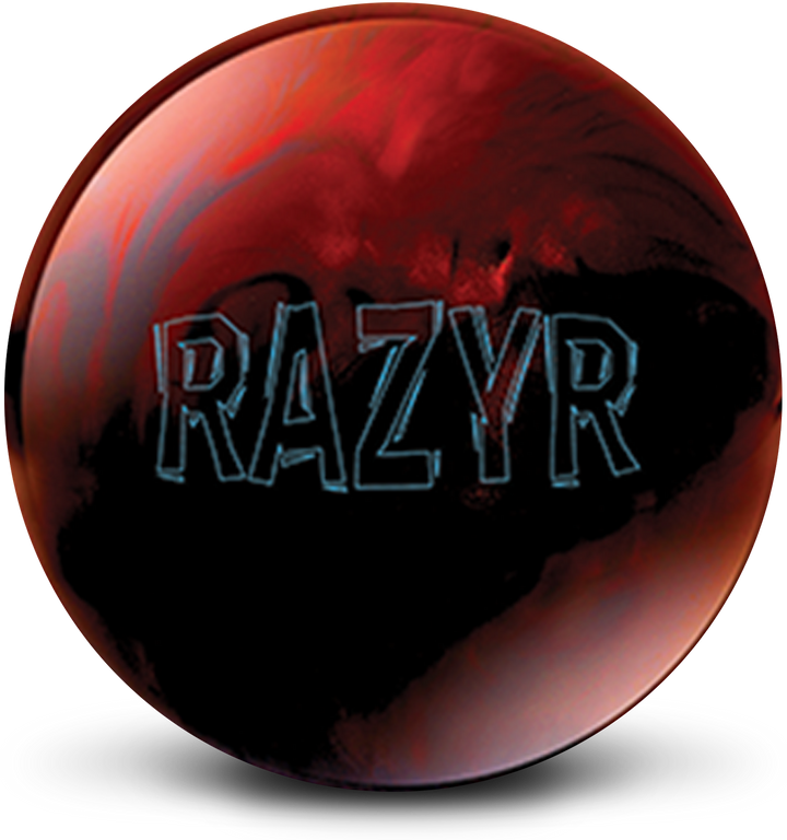 A black and red colored bowling ball with the RAZYR logo in light blue centered prominently.