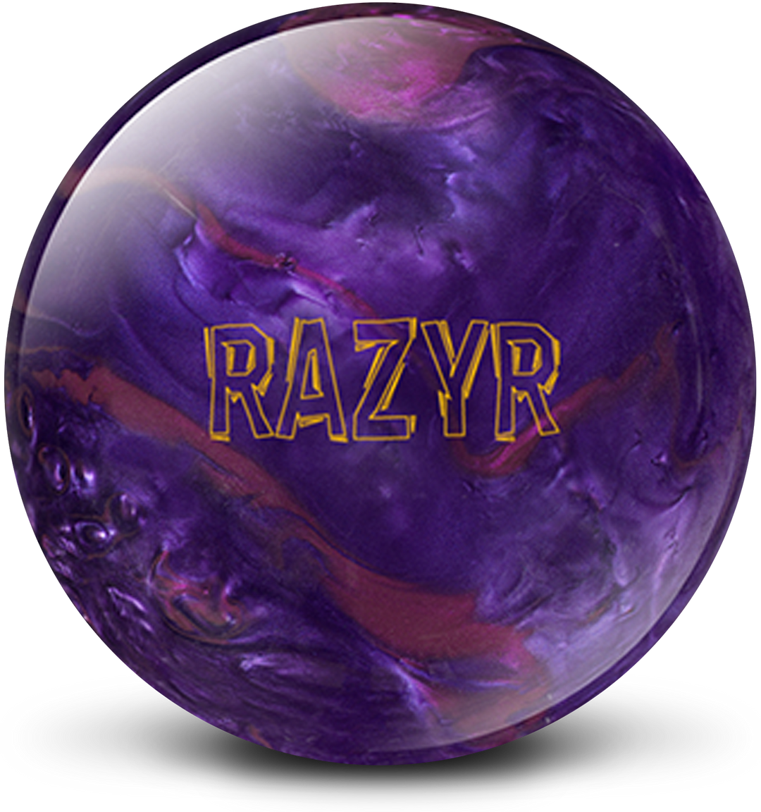 A purple and red colored bowling ball with the RAZYR logo in yellow centered prominently.