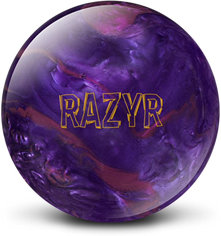 A purple and red colored bowling ball with the RAZYR logo in yellow centered prominently.