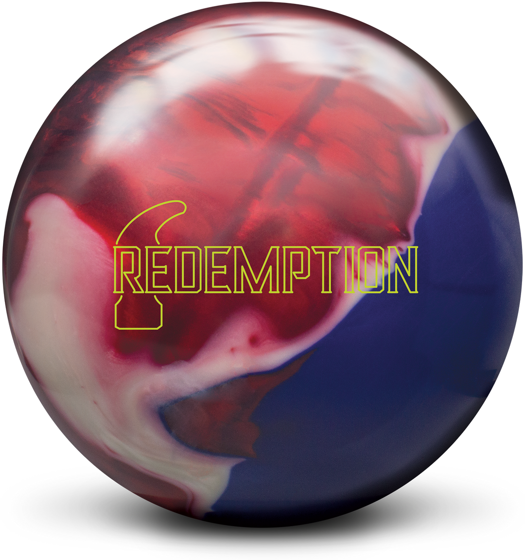 A red, white, and navy colored bowling ball with the Redemption logo in neon yellow centered prominently.