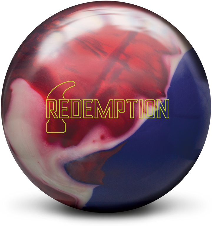 A red, white, and navy colored bowling ball with the Redemption logo in neon yellow centered prominently.
