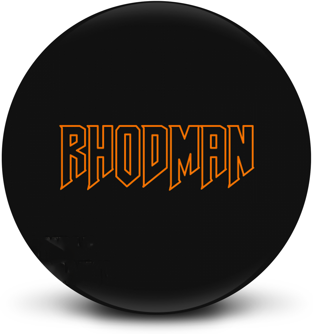 A black bowling ball with the word, "RHODMAN" in orange centered prominently.