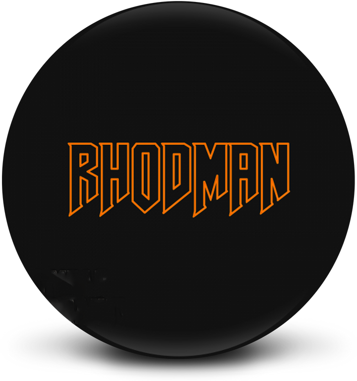 A black bowling ball with the word, "RHODMAN" in orange centered prominently.