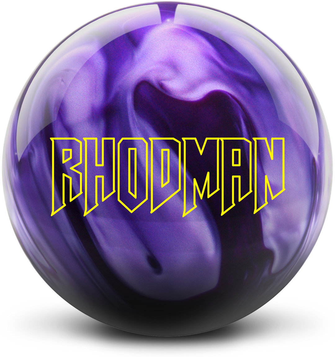 A purple pearl colored bowling ball with the word, Rhodman in bright yellow centered prominently.