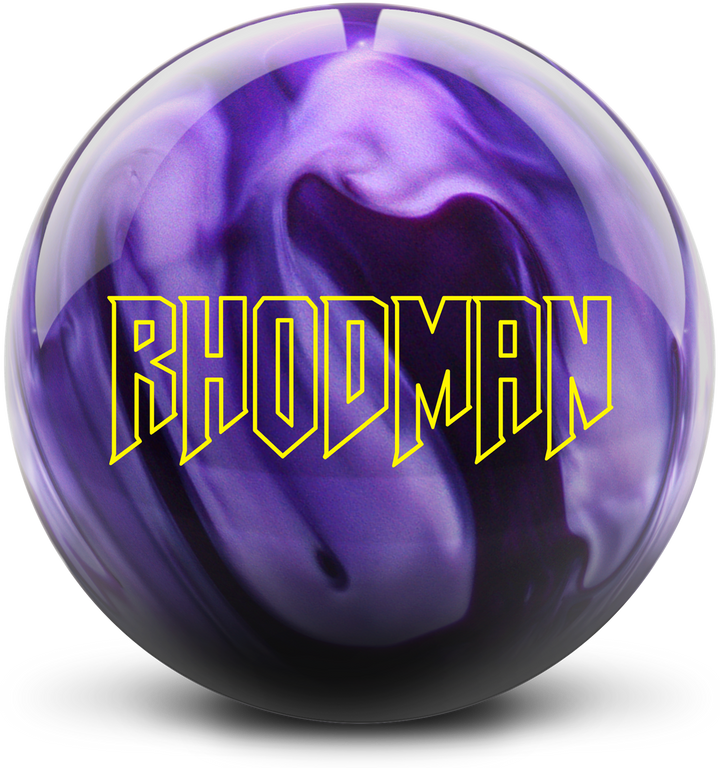 A purple pearl colored bowling ball with the word, Rhodman in bright yellow centered prominently.