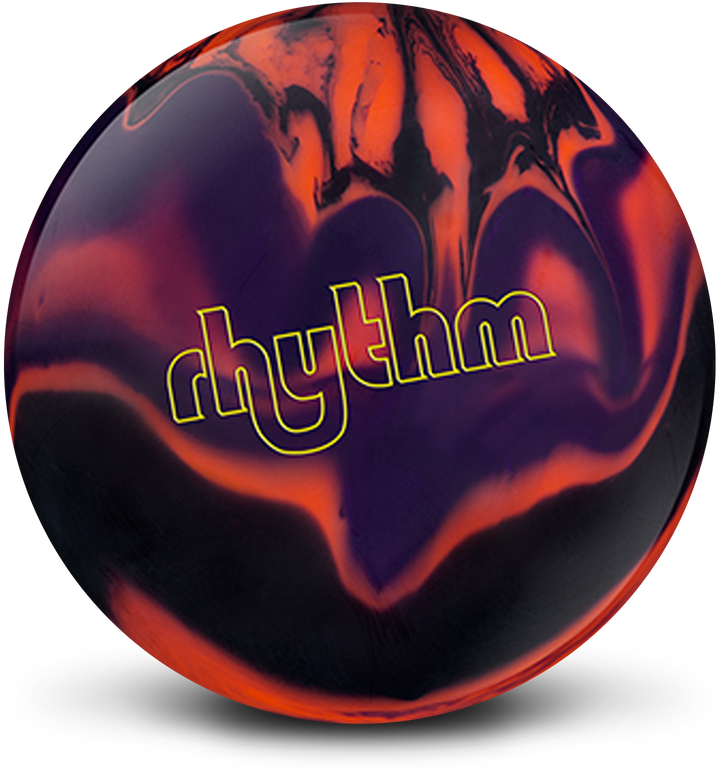 A black, purple, and orange colored bowling ball with the word, rhythm in yellow centered prominently.