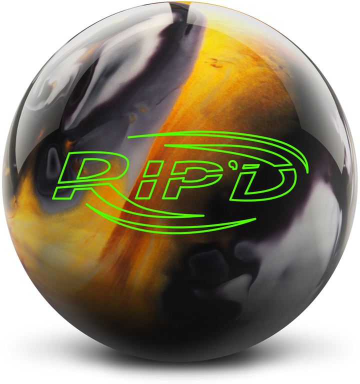 A black, gold, and white colored bowling ball with the RIP'D logo in neon green centered prominently.