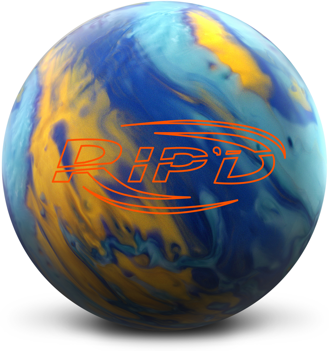 A blue, gold, and light blue colored bowling ball with the RIP'D logo in orange centered prominently.