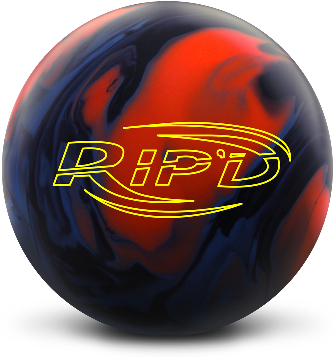 A blue, black, and orange colored bowling ball with the RIP'D logo in bright yellow centered prominently.