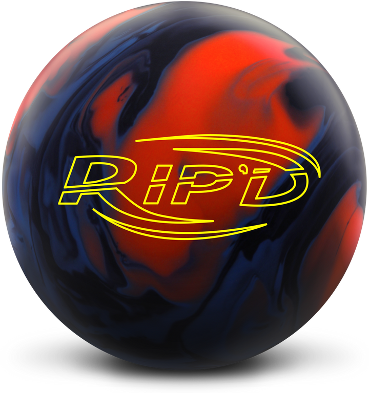 A blue, black, and orange colored bowling ball with the RIP'D logo in bright yellow centered prominently.