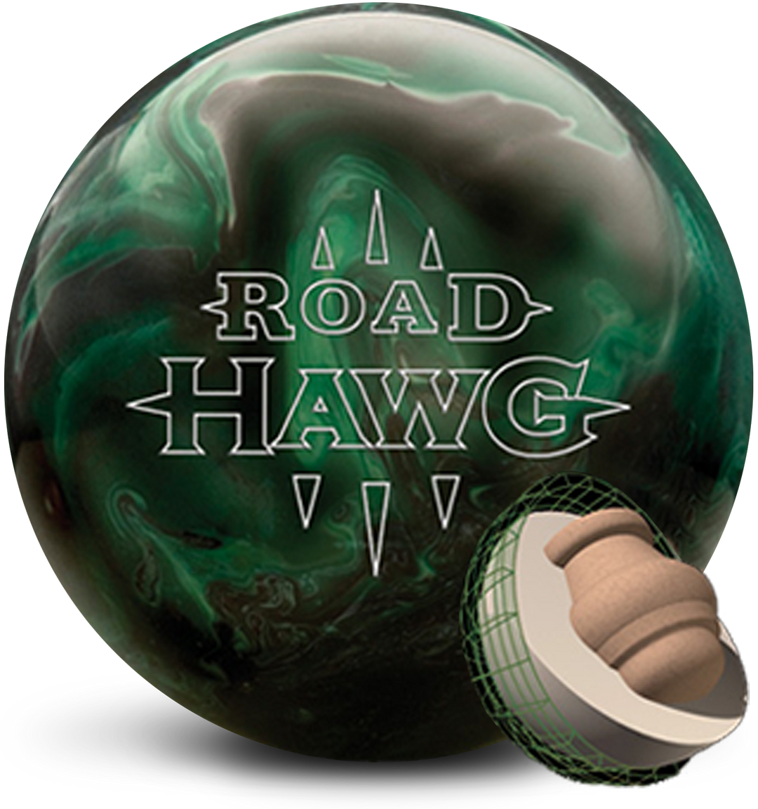 A green and black colored bowling ball with the Road Hawg logo in white centered prominently with also a small image of the Road Hawg Core in the lower right-hand corner.