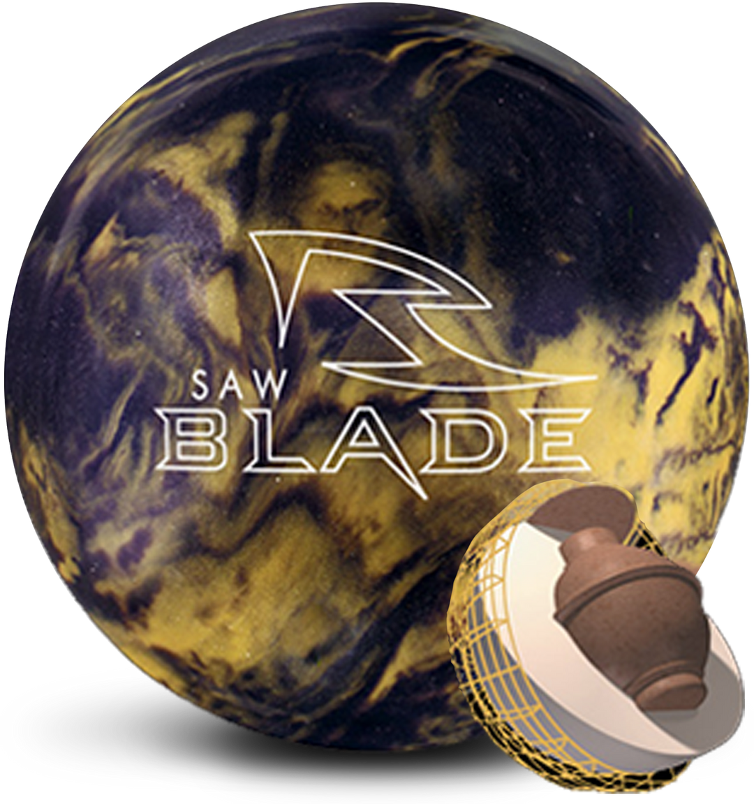 A black and gold colored bowling ball with the Saw Blade logo in white centered prominently and a small image of the Saw Blade Core in the lower right-hand corner.