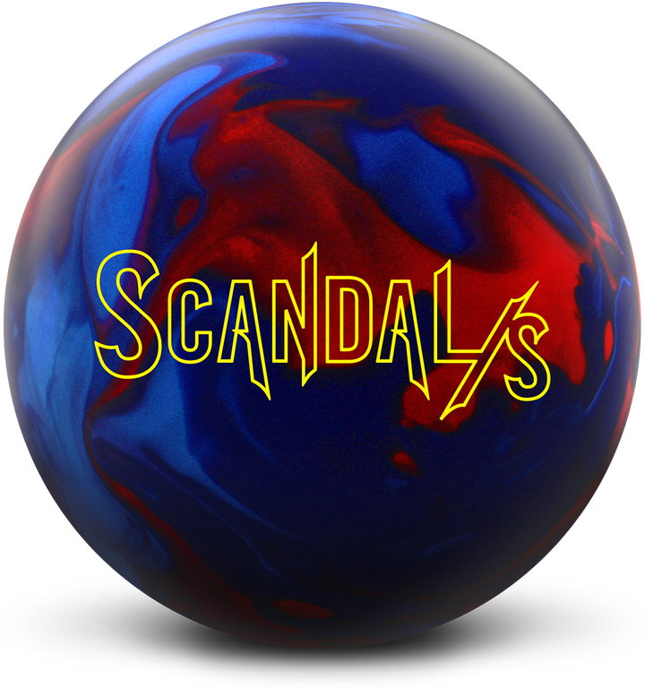 A blue, blue pearl, and red pearl colored bowling ball with the Scandal/S logo in bright yellow centered prominently.