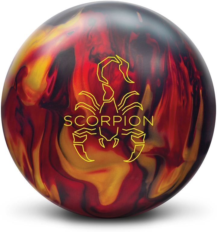A black, red, and gold bowling ball with the Scorpion logo in bright yellow centered prominently.