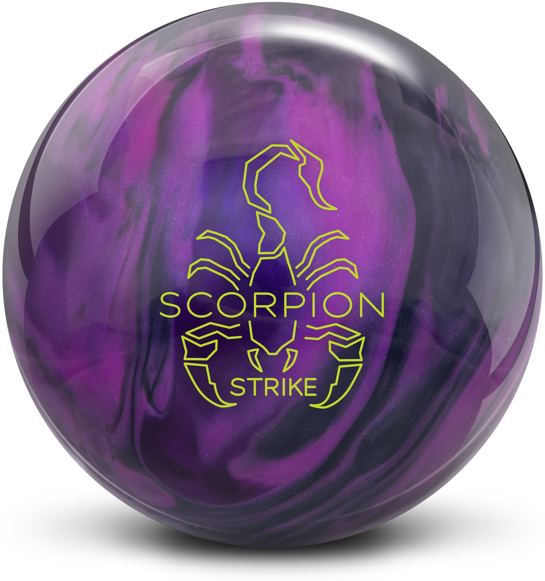 A black, magenta, and indigo colored bowling ball with the Scorpion Strike logo in neon yellow centered prominently.