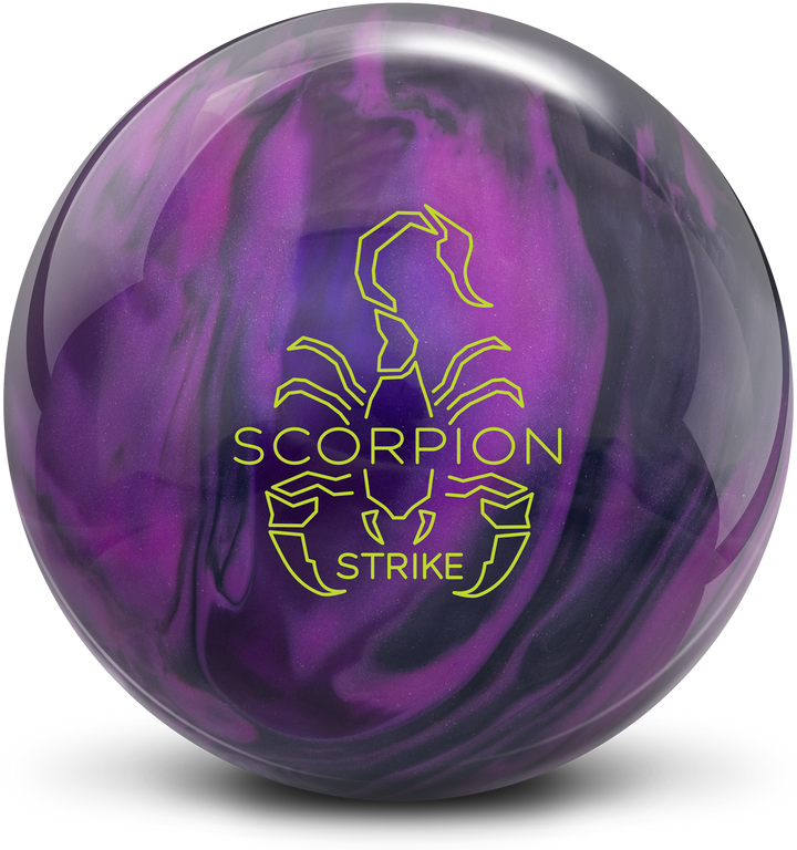 A black, magenta, and indigo colored bowling ball with the Scorpion Strike logo in neon yellow centered prominently.