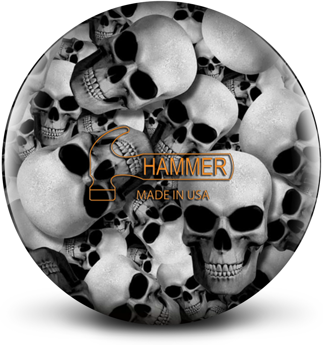 A black and white colored bowling ball with multiple different human skulls randomly placed overlapping each other with the Hammer logo in an orange outline centered prominently.