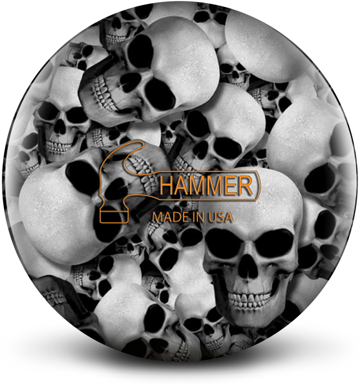 A black and white colored bowling ball with multiple different human skulls randomly placed overlapping each other with the Hammer logo in an orange outline centered prominently.