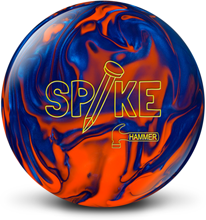 A blue and orange colored bowling ball with the Spike logo in bright yellow centered prominently.