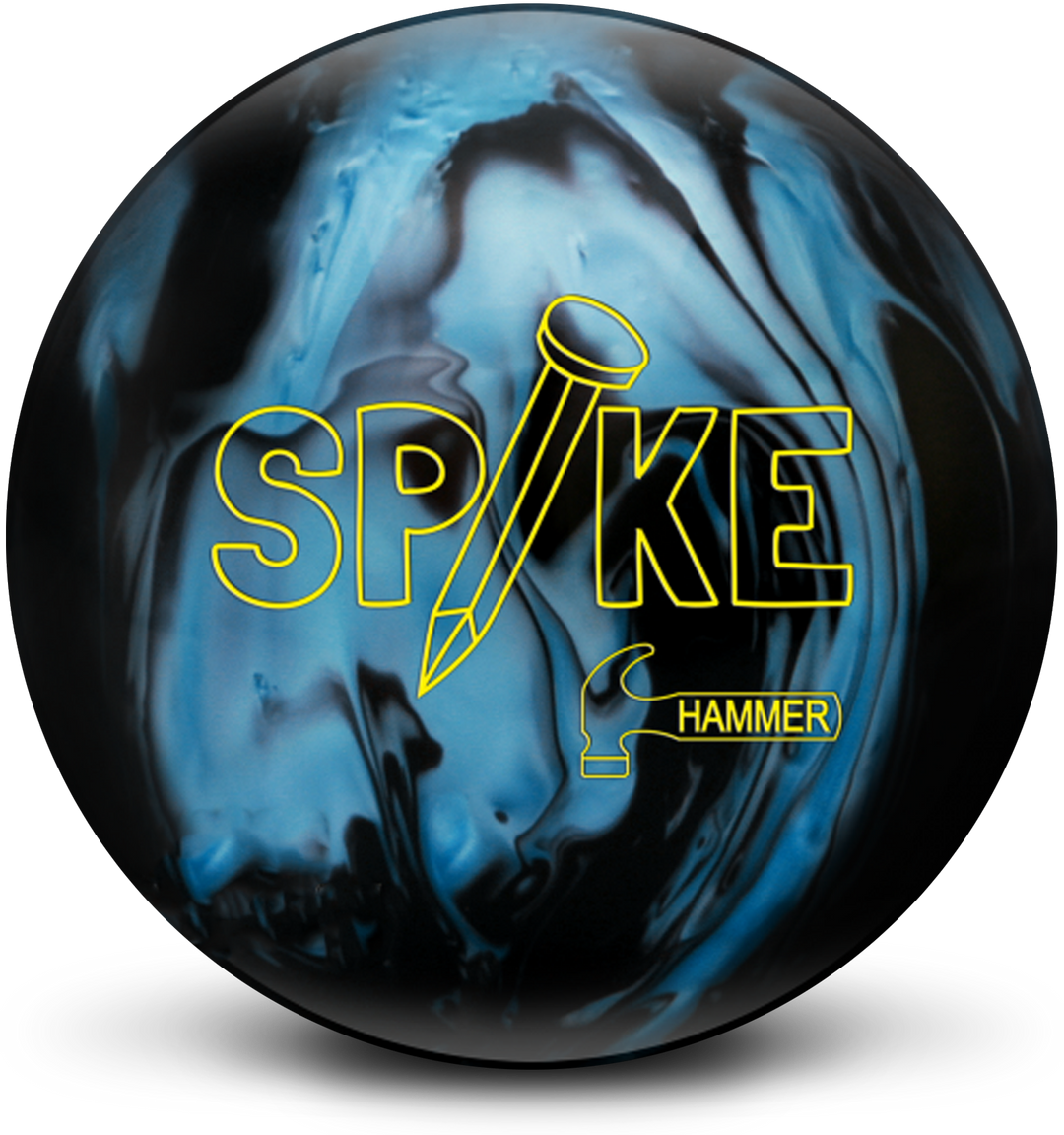 A black and blue colored bowling ball with the Spike logo in bright yellow centered prominently.