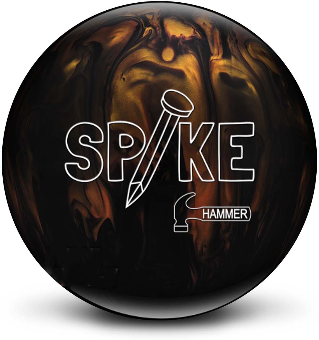 A black and gold pearl colored bowling ball with the Spike logo in white centered prominently.