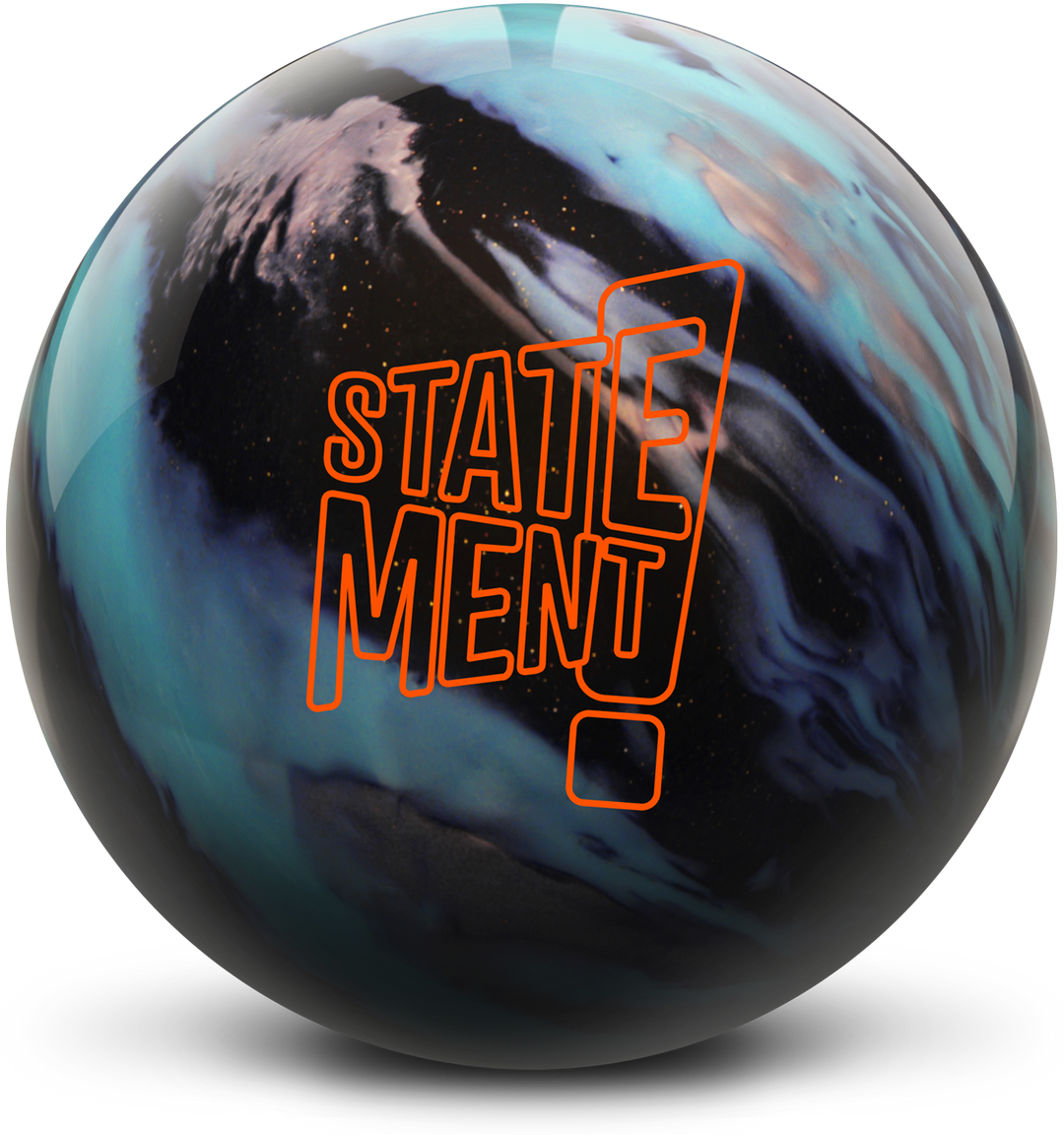 A black, aqua, and silver colored bowling ball with the Statement logo in orange centered prominently.