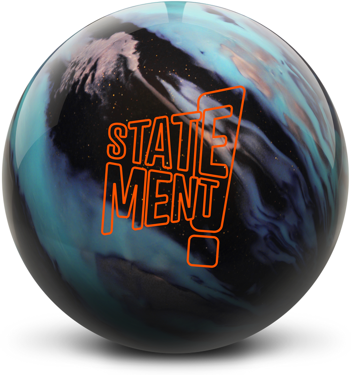 A black, aqua, and silver colored bowling ball with the Statement logo in orange centered prominently.