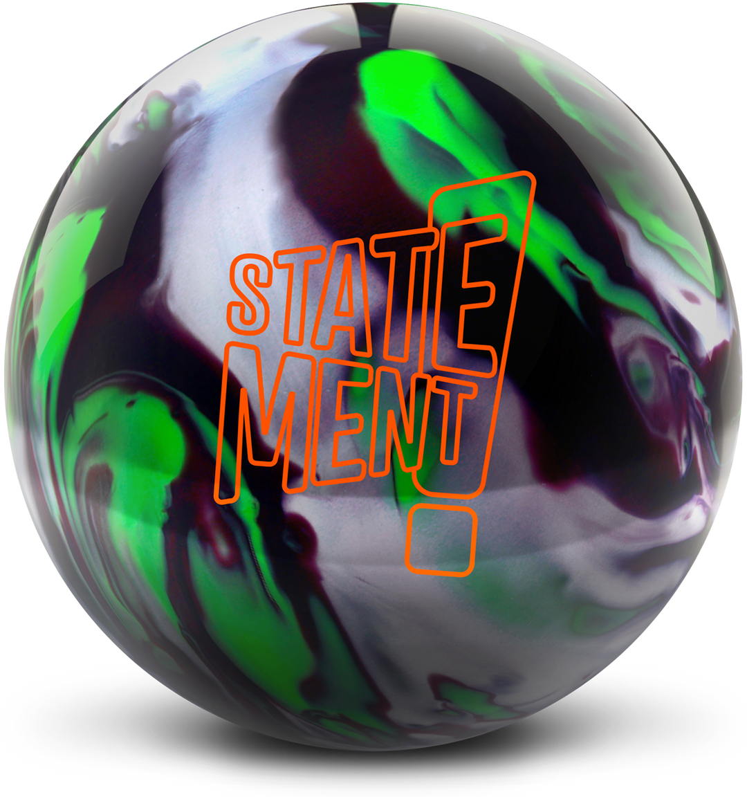 A lime, silver, and black cherry colored bowling ball with the Statement logo in orange centered prominently.