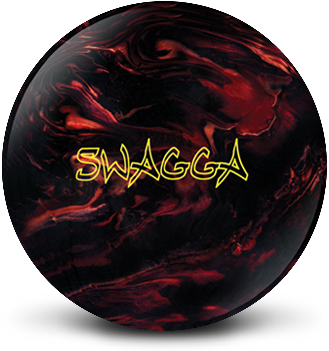 A black, red, and caramel colored bowling ball with the Swagga logo in yellow centered prominently.