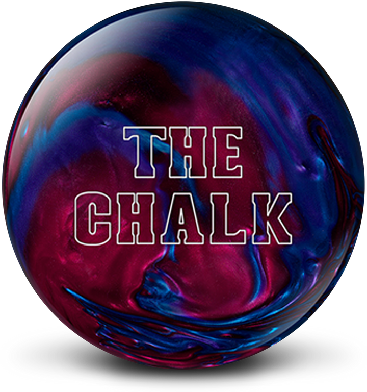 A red, purple, and blue colored bowling ball with The Chalk logo in white centered prominently.