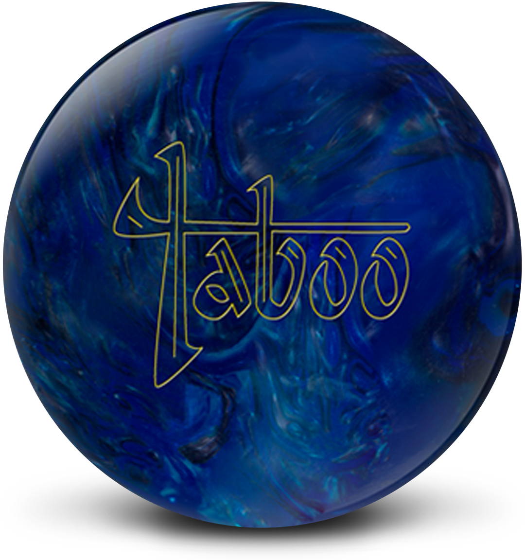 A dark electric blue and silver colored bowling ball with the Taboo logo in yellow centered prominently.