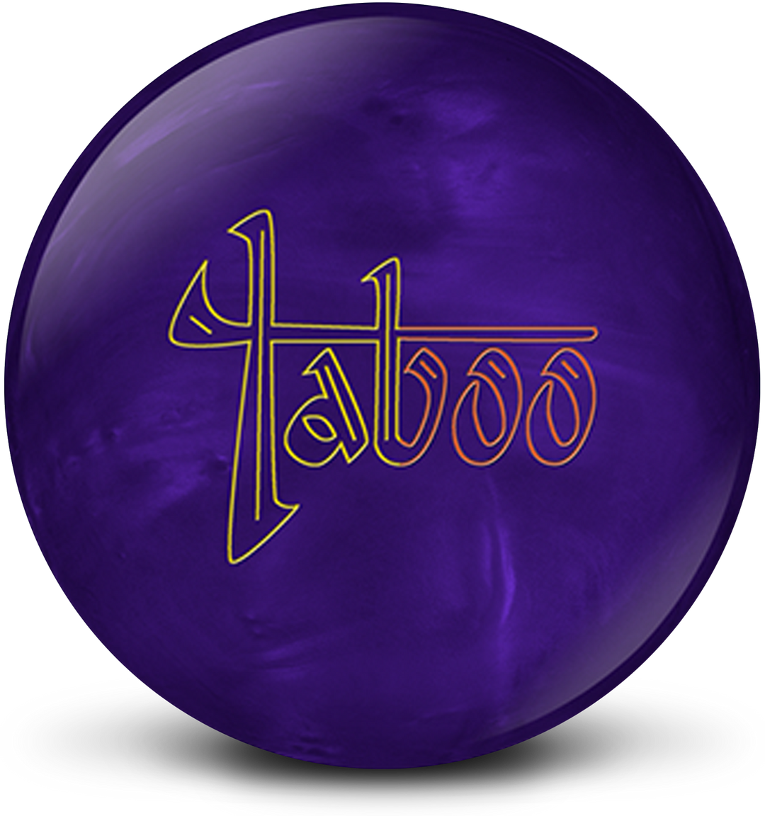 A purple colored bowling ball with the Taboo logo in yellow and orange centered prominently.
