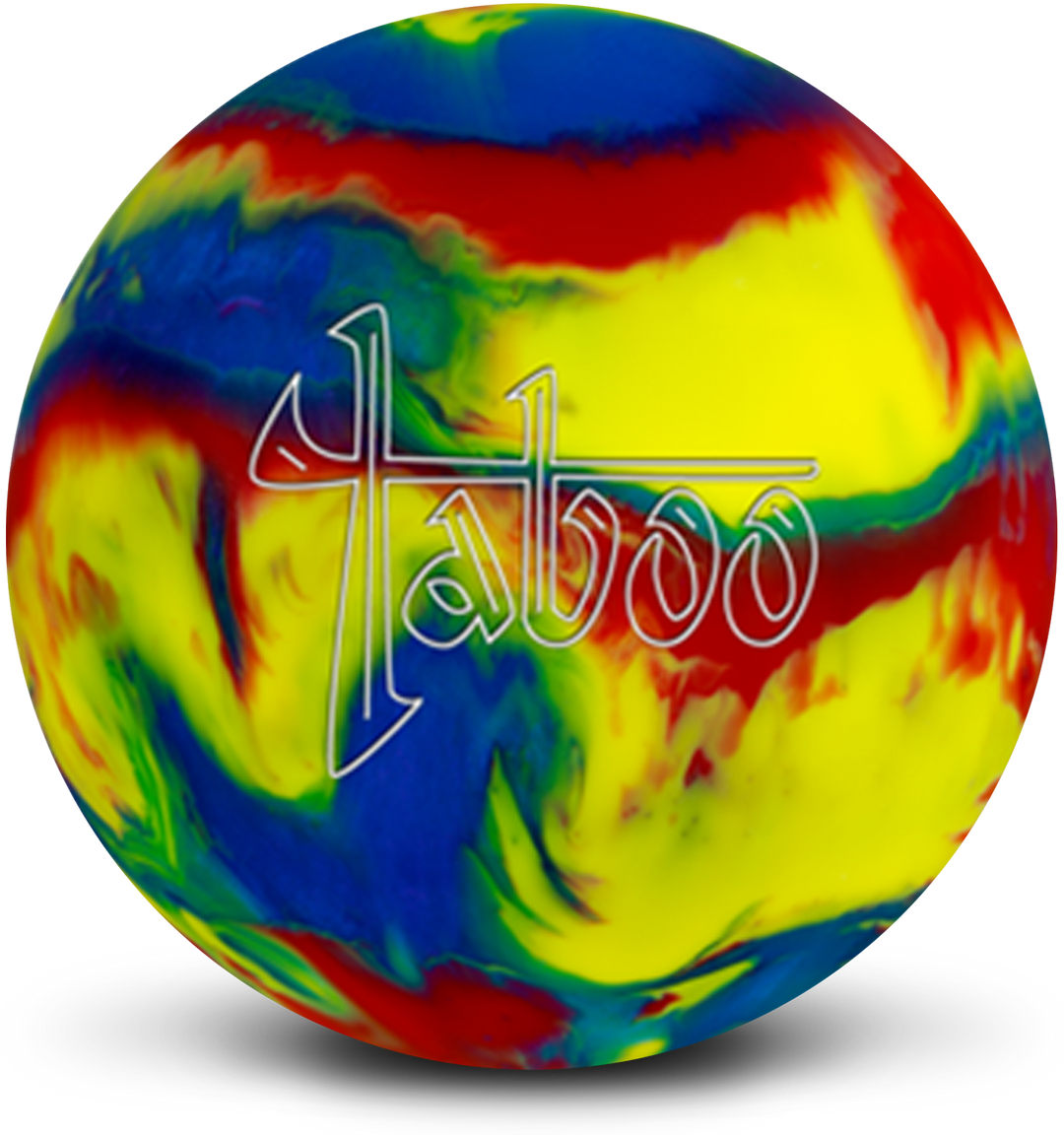 A yellow, red, and blue colored bowling ball with the Taboo logo in white centered prominently.