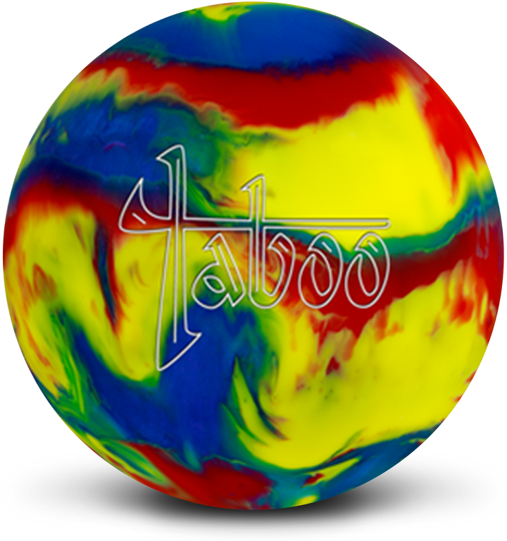 A yellow, red, and blue colored bowling ball with the Taboo logo in white centered prominently.