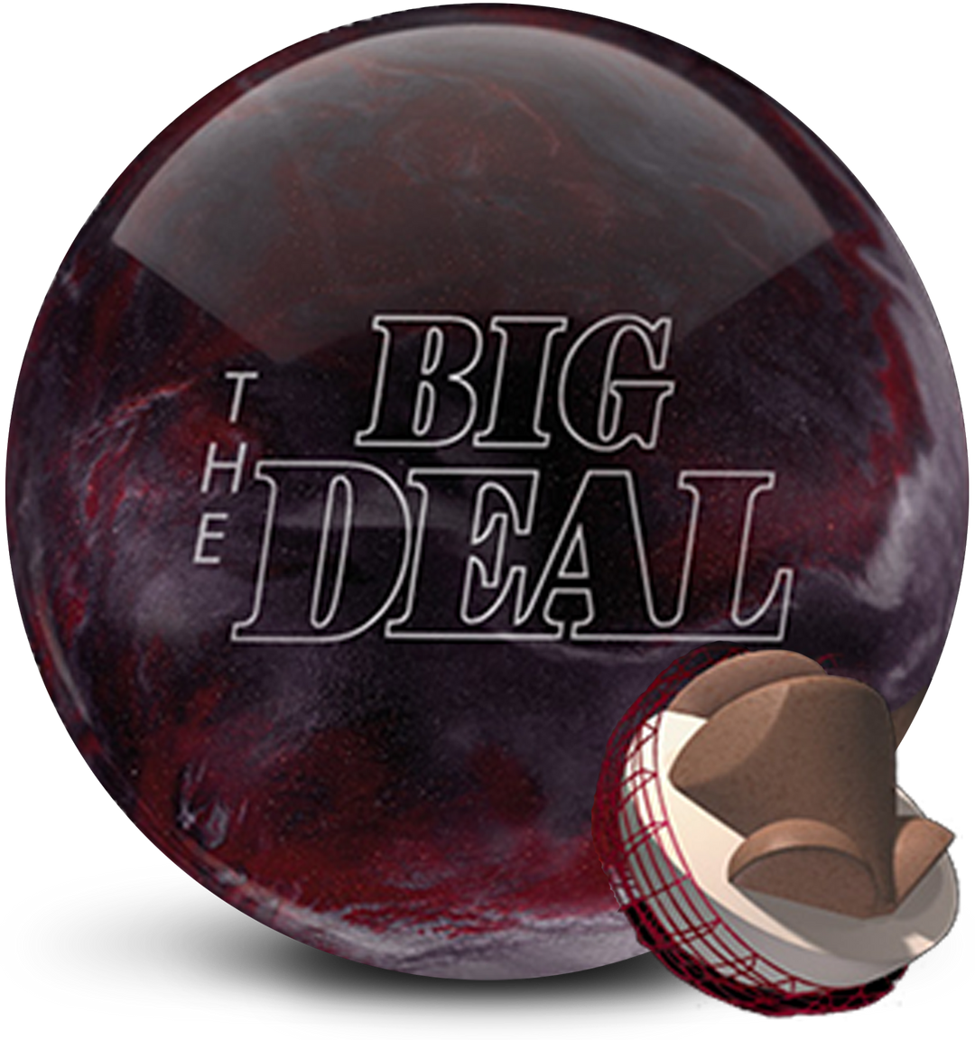 A red, black, and silver colored bowling ball with The Big Deal logo in white centered prominently and with a small image of the core in the lower right-hand corner.