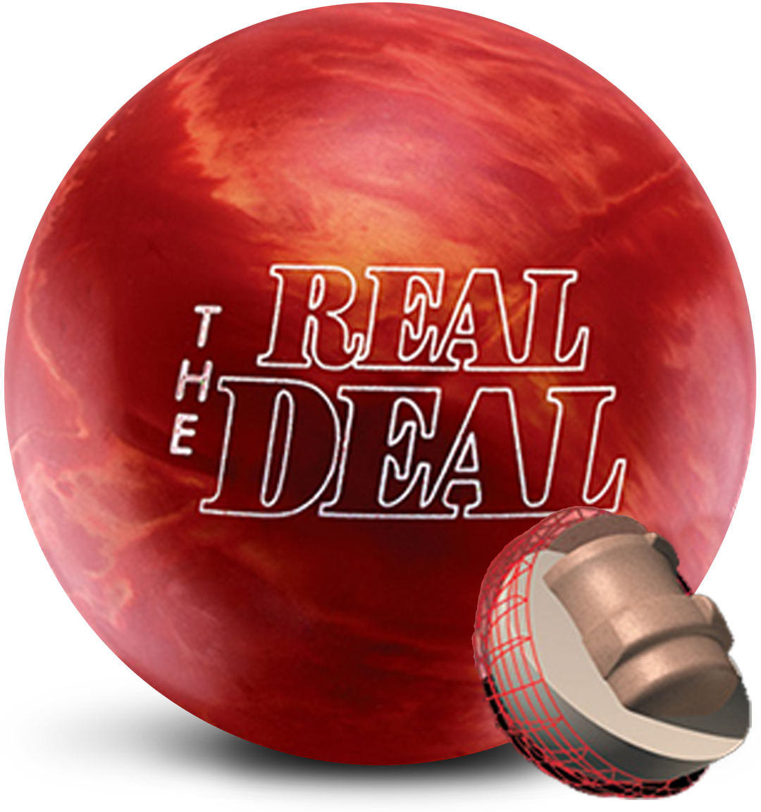 A red with orange swirls colored bowling ball with The Real Deal logo in white centered prominently also with a small image of the core in the lower right-hand corner.
