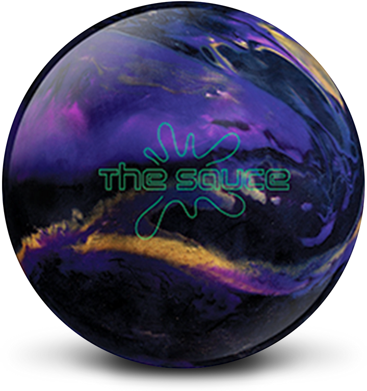 A black, violet, and gold colored bowling ball with The Sauce logo in green centered prominently.