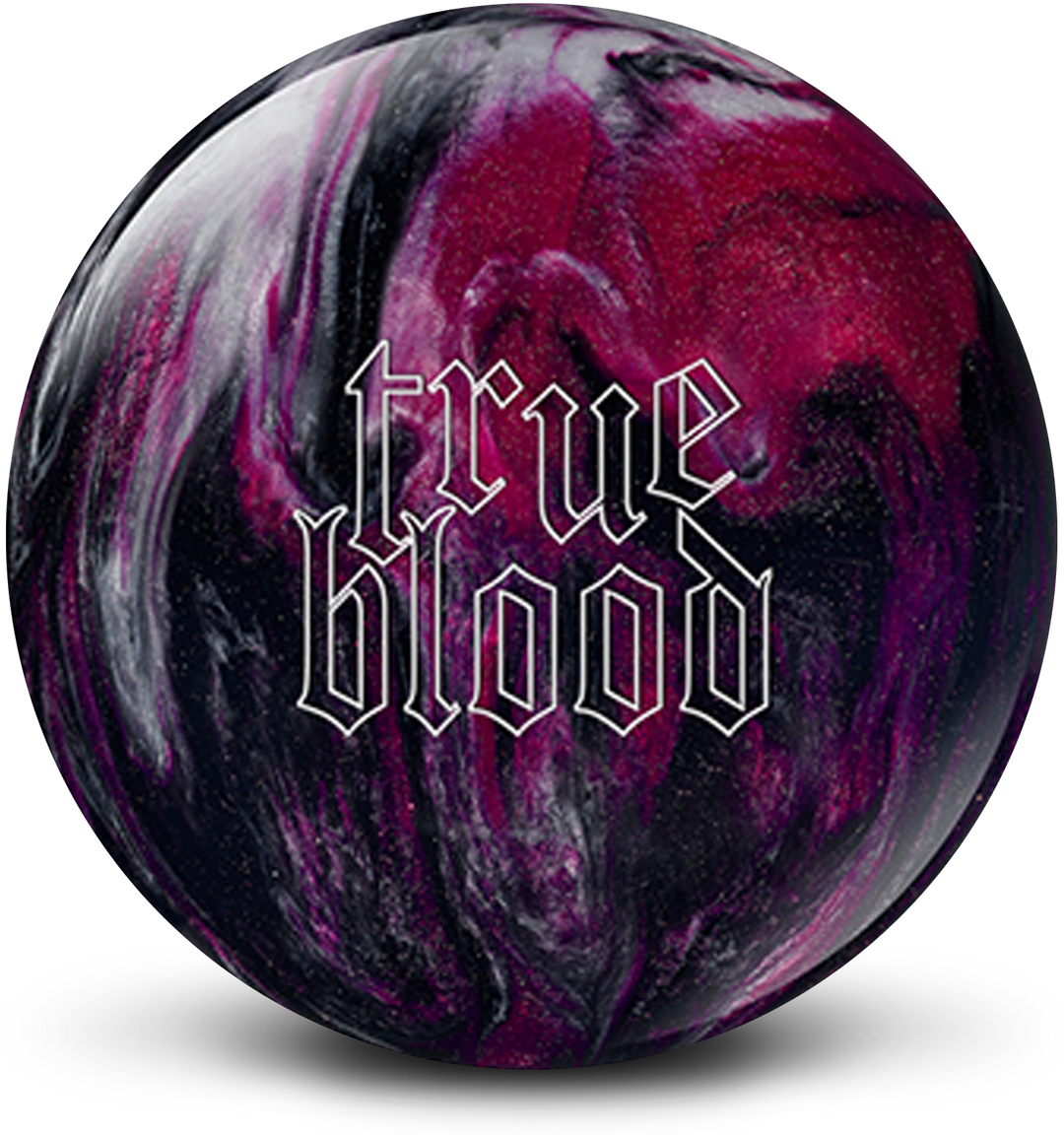 A red, black, and white bowling ball with the True Blood in white centered prominently.