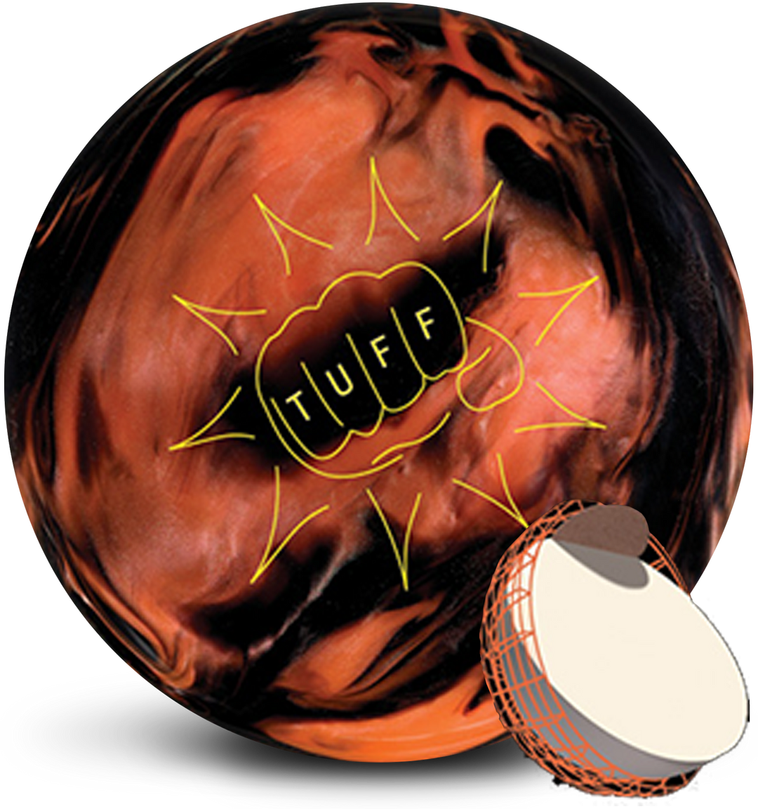 An orange and black bowling ball with the TUFF logo in yellow centered prominently and with a small image of the core in the lower right-hand corner.