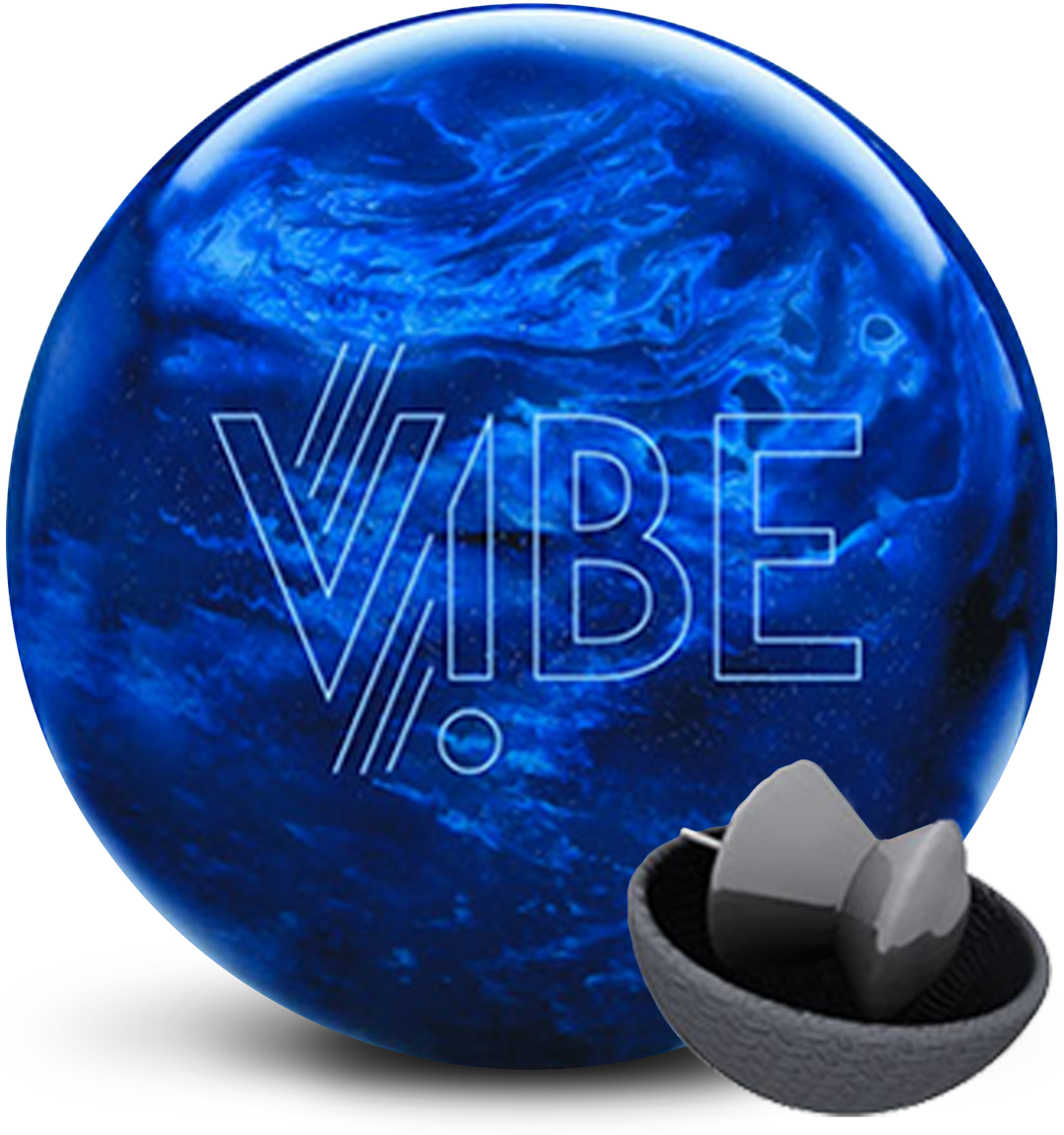 A dark blue bowling ball with light blue swirls and the VIBE logo in white centered prominently along with a small image of the core in the lower right-hand corner.