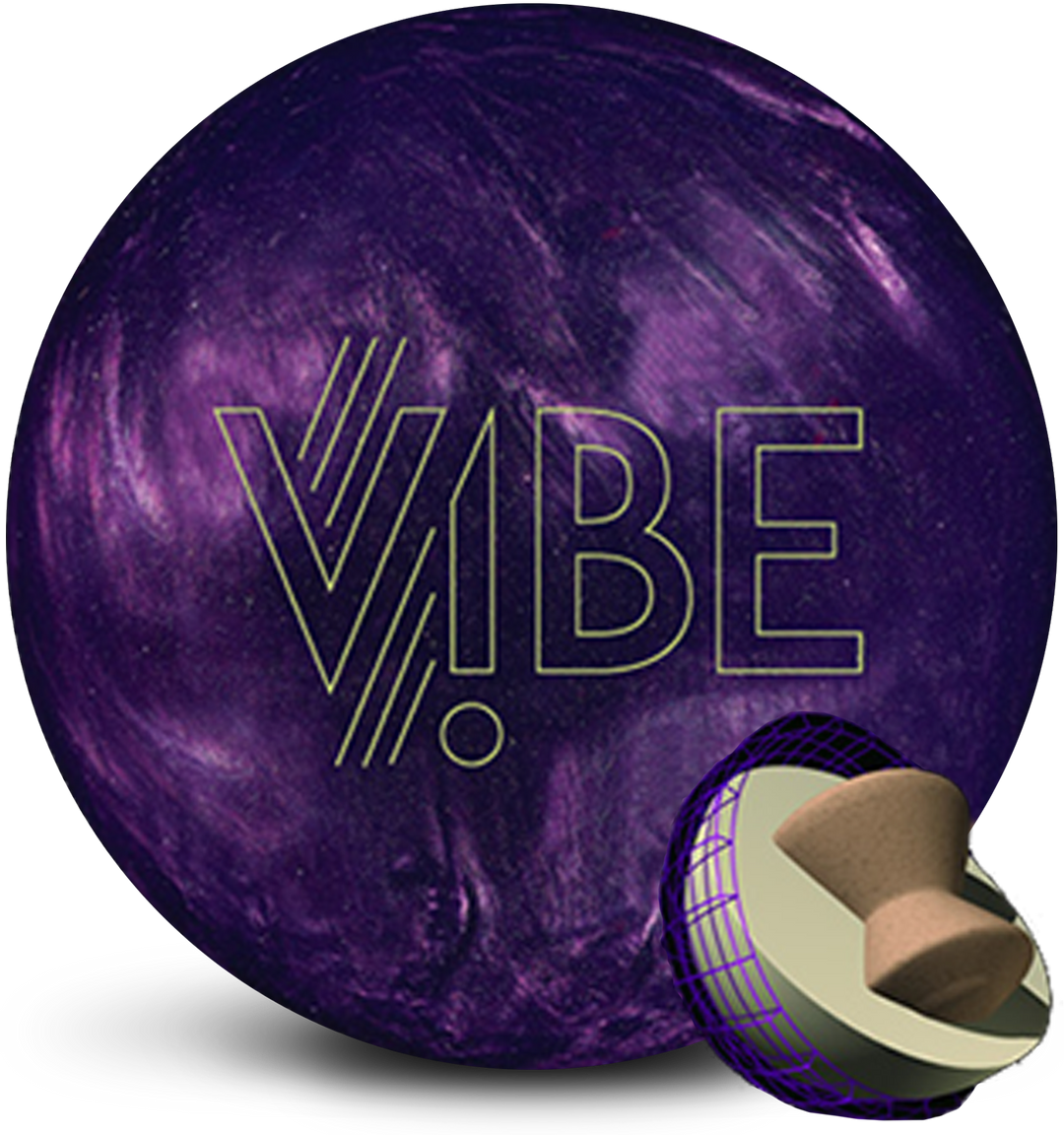 A dark purple bowling ball with light purple swirls and the VIBE logo in yellow centered prominently also with a small image of the core in the lower right-hand corner.
