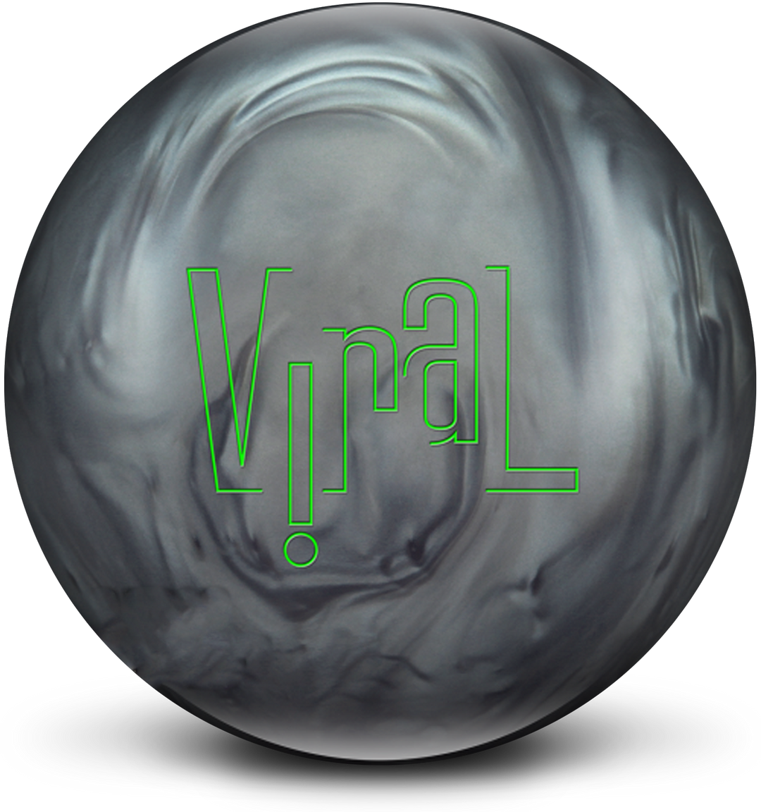 A gun smoke grey colored bowling ball with the Viral logo in neon green centered prominently.
