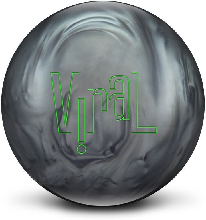 A gun smoke grey colored bowling ball with the Viral logo in neon green centered prominently.