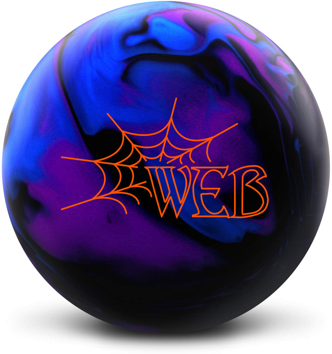 A blue, black, and purple colored bowling ball with the Web logo in orange centered prominently.