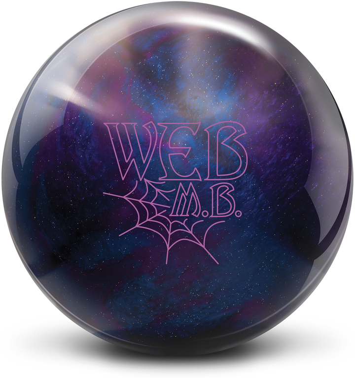 A dark blue and purple bowling ball with reflective specs and the Web M.B. logo in purple centered prominently.
